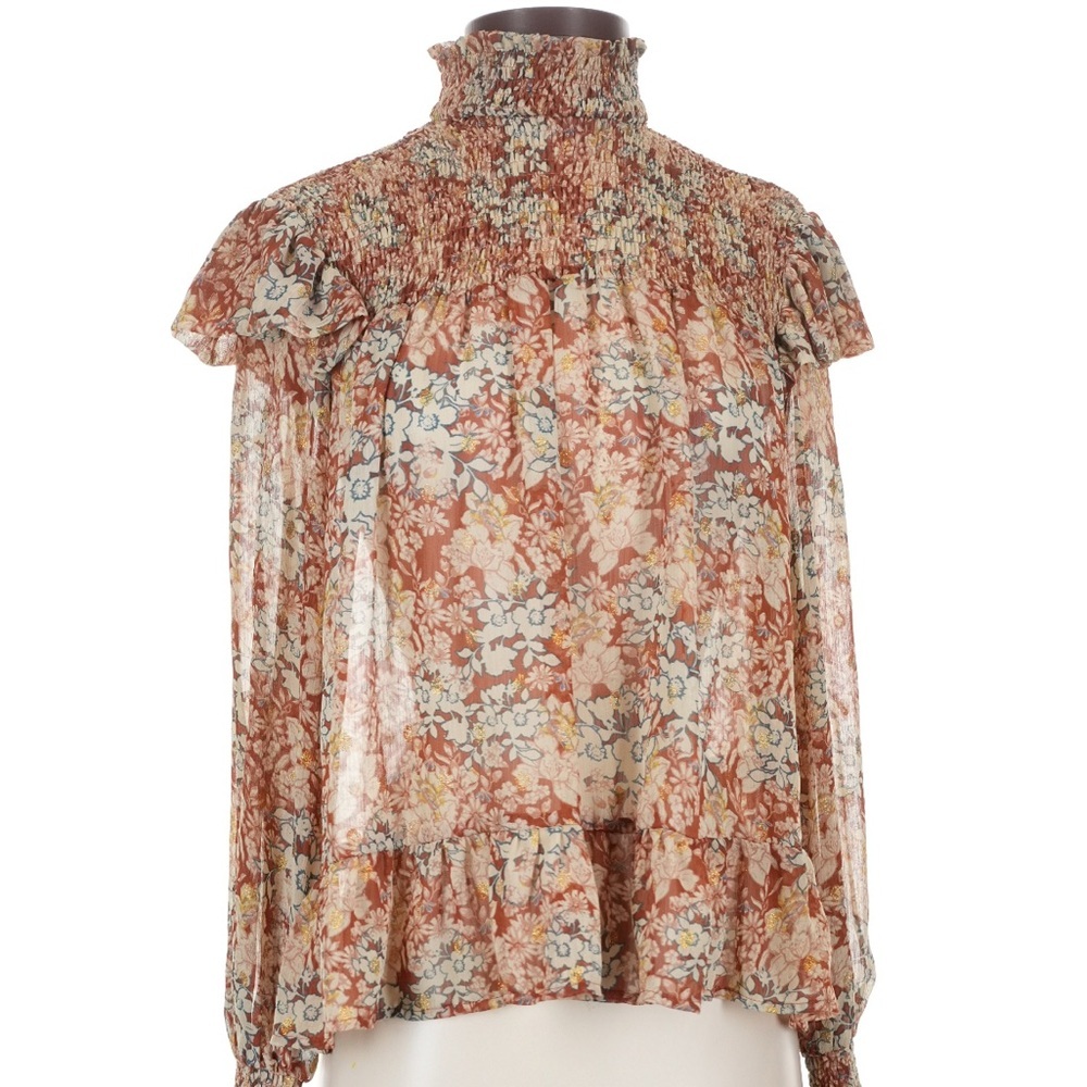 Moodie Floral Ruffle Neck Blouse - Brown and Cream